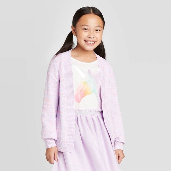 Girls Light Purple Open-Front Cardigan Sweater By Cat & Jack Soft Knit Long Slee - Picture 2 of 3